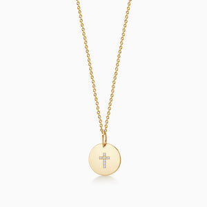 1/2 inch 14k Yellow Gold Disc Charm Necklace with Diamond Cross (Engravable)
