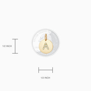 Engravable 1/2 inch 14k Yellow Gold Diamond Initial Disc Charm Necklace -Size and Measurements