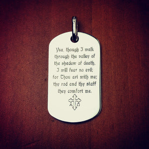 Men's Engravable Sterling Silver Flat Edge Dog Tag - PSL060801 - Engraved with Psalm 23:4 and Alpha Omega