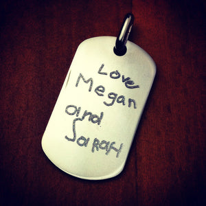 Handwriting Engraved on Men's 14k White Gold Flat Edge Dog Tag - Medium