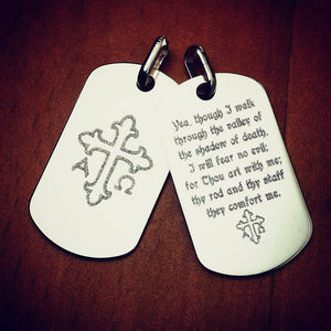 Men's Sterling Silver Double Dog Tags Custom Engraved with Alpha Omega Cross and Psalm 23