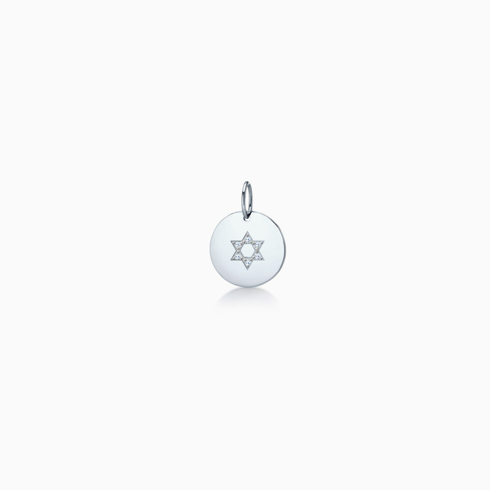 1/2 inch 14k White Gold Disc Charm Pendant with Diamond Star of David (Engravable)