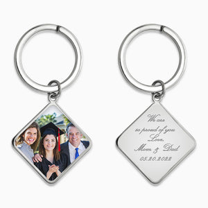 Personalized Sterling Silver Diamond Frame Photo Key Chain - KSL240830 - Engraved on Back with a Text Inscription