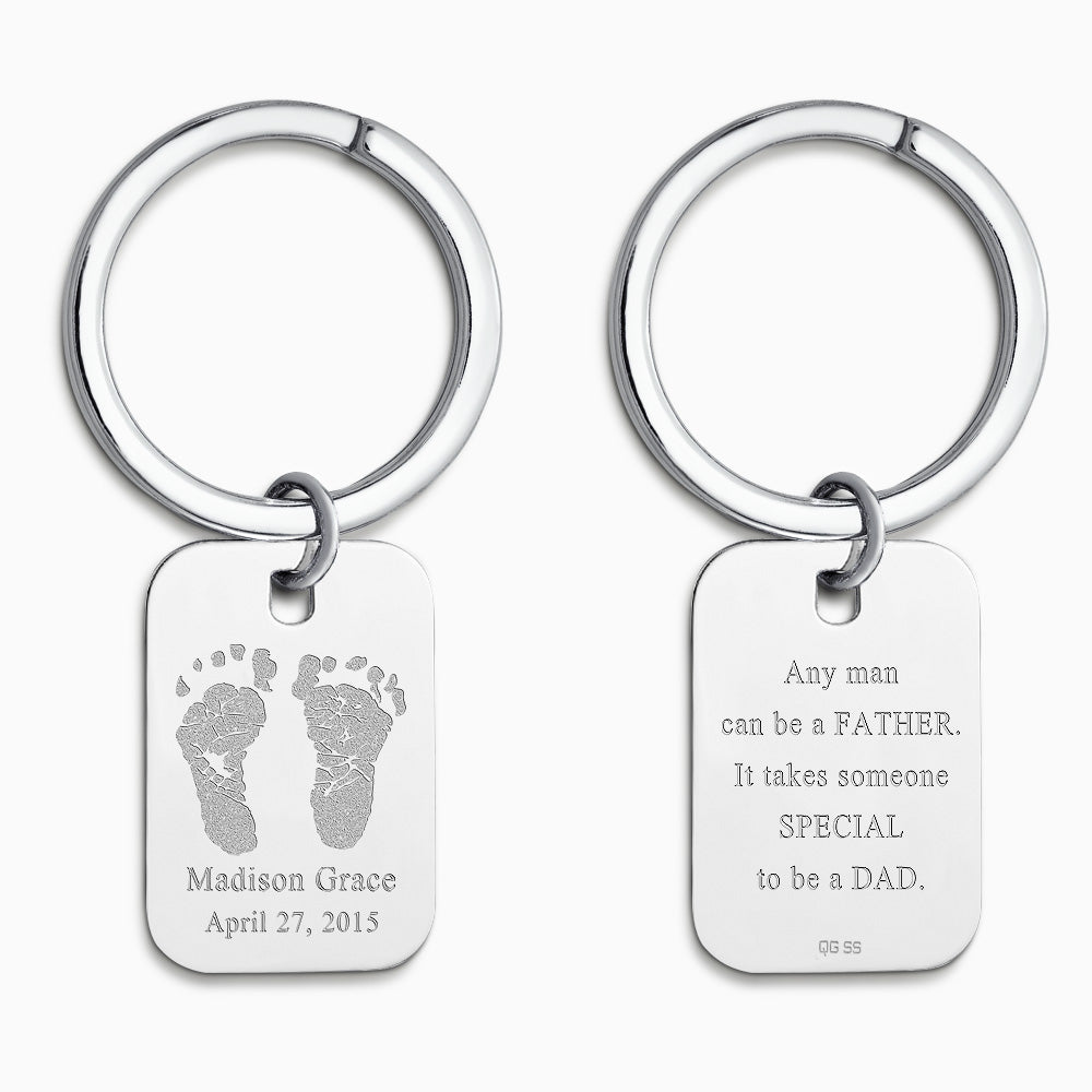 Custom Engraved Sterling Silver Rectangle-Tag Baby Footprint Keychain - KCSL250617