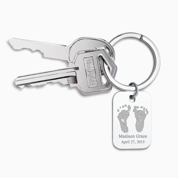 Custom Engraved Sterling Silver Rectangle-Tag Baby Footprint Keychain ...