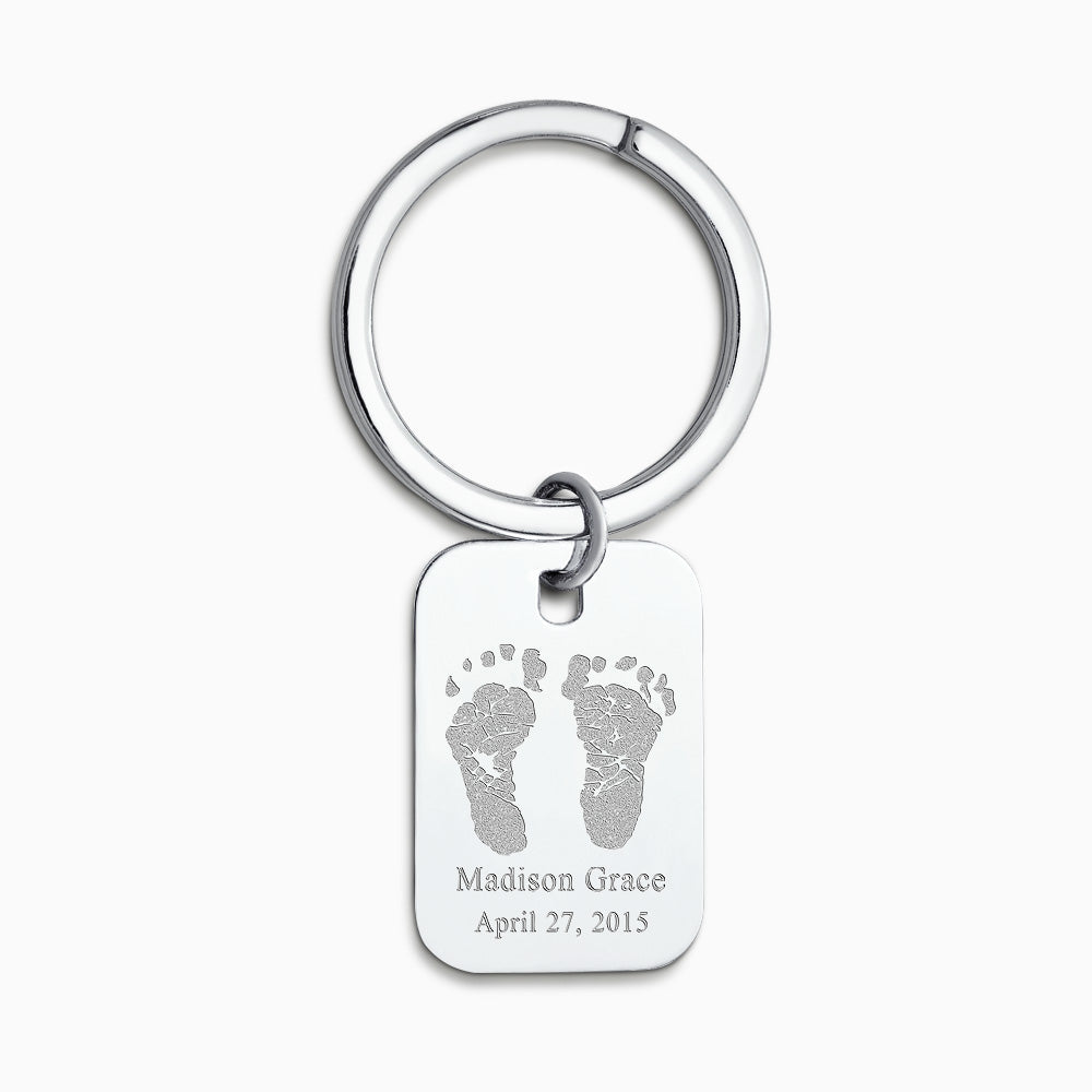 Custom Engraved Sterling Silver Rectangle-Tag Baby Footprint Keychain - KCSL250617