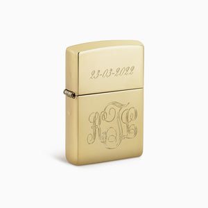 Engravable High Polish Solid Brass Classic Zippo Lighter - L241115 - Engraved with a Date and Interlocking Script Monogram