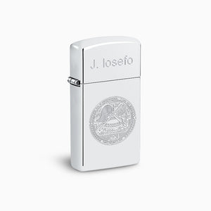 L241118 - Engravable High Polish Sterling Silver Zippo Slim® Lighter custom engraved with a name on the lid and artwork on the case