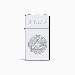 L241118 - Engravable High Polish Sterling Silver Zippo Slim® Lighter with lid closed, custom engraved with a name and artwork of the seal of American Samoa
