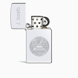 L241118 - Engravable High Polish Sterling Silver Zippo Slim® Lighter with lid open, custom engraved with a name and artwork of the seal of American Samoa