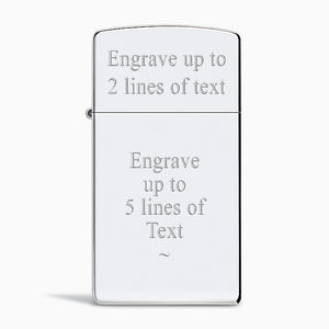 L241118 - Engravable High Polish Sterling Silver Zippo Slim® Lighter detailing text engraving layout options