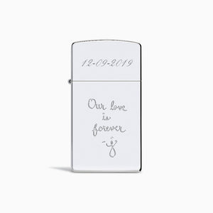 L241118 - Engravable High Polish Sterling Silver Zippo Slim® Lighter with lid closed, custom engraved with a date and a handwritten inscription