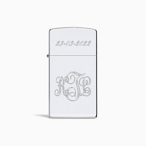 L241118 - Engravable High Polish Sterling Silver Zippo Slim® Lighter with lid closed, custom engraved with a date and an interlocking script monogram