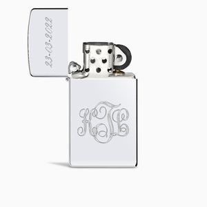 L241118 - Engravable High Polish Sterling Silver Zippo Slim® Lighter with lid open, custom engraved with a date and an interlocking script monogram
