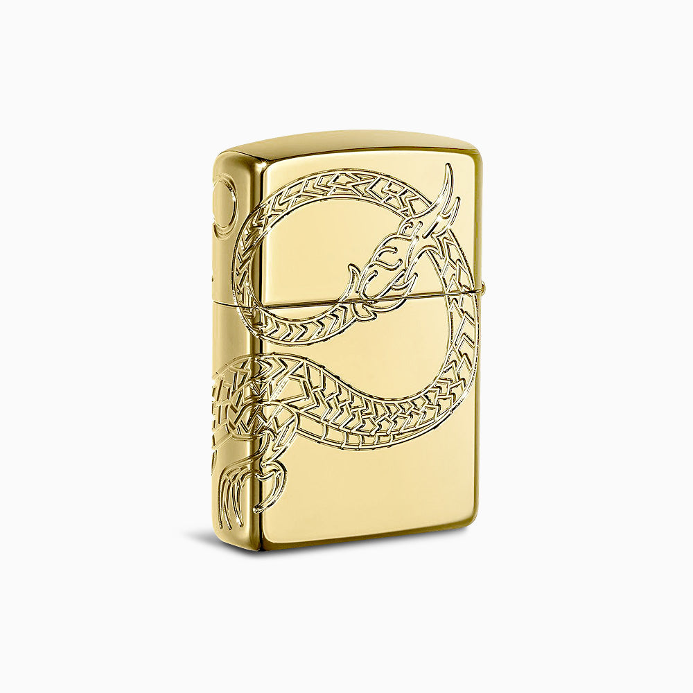 Engravable 360-Degree Cut Asian Dragon High Polish Gold Plated Zippo Armor Lighter - L250118 