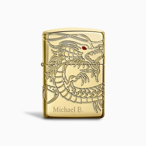 Engravable 360-Degree Cut Asian Dragon High Polish Gold Plated Zippo Armor Lighter - L250118 - Front Text Engraving