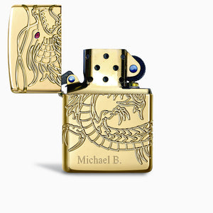 Engravable 360-Degree Cut Asian Dragon High Polish Gold Plated Zippo Armor Lighter - L250118 - Front with Open Lid