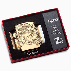 Engravable 360-Degree Cut Asian Dragon High Polish Gold Plated Zippo Armor Lighter - L250118 - Armor Gift Packaging