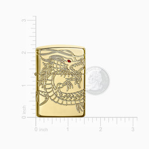 Engravable 360-Degree Cut Asian Dragon High Polish Gold Plated Zippo Armor Lighter - L250118 - Size Measurements