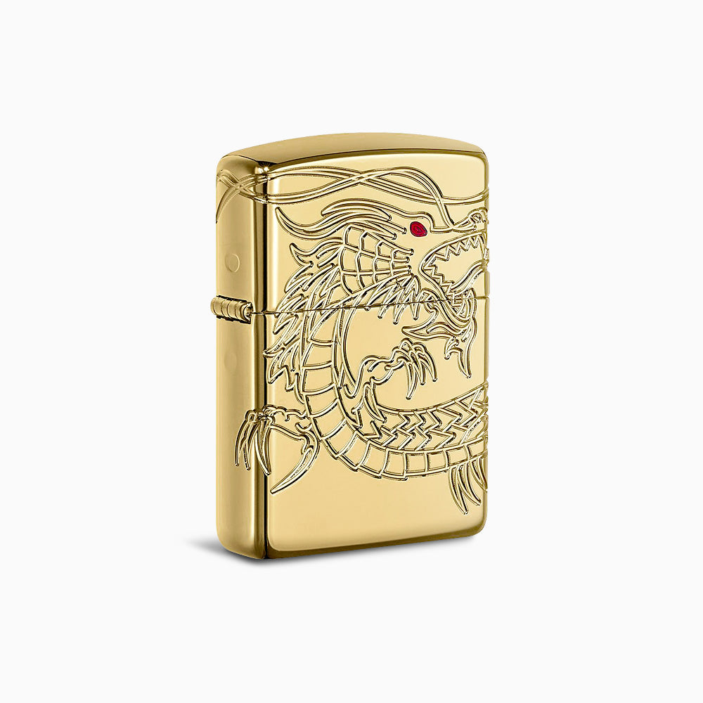 Engravable 360-Degree Cut Asian Dragon High Polish Gold Plated Zippo Armor Lighter - L250118 