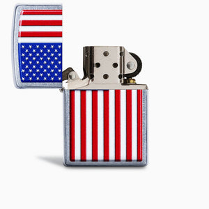 Engravable American Flag Street Chrome Zippo Lighter - L250120 - Front Detail Lid Open