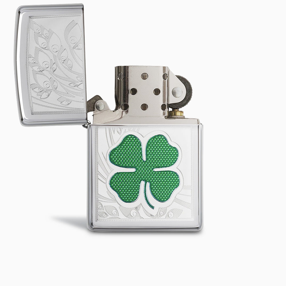 Engravable Green Four-Leaf Clover High Polish Chrome Zippo Lighter