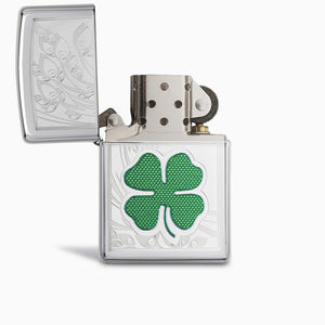 Engravable Green Four Leaf Clover High Polish Chrome Zippo Lighter - L250122  - Front Open Lid