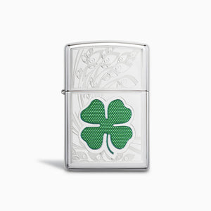 Engravable Green Four Leaf Clover High Polish Chrome Zippo Lighter - L250122 - Front Closed Lid