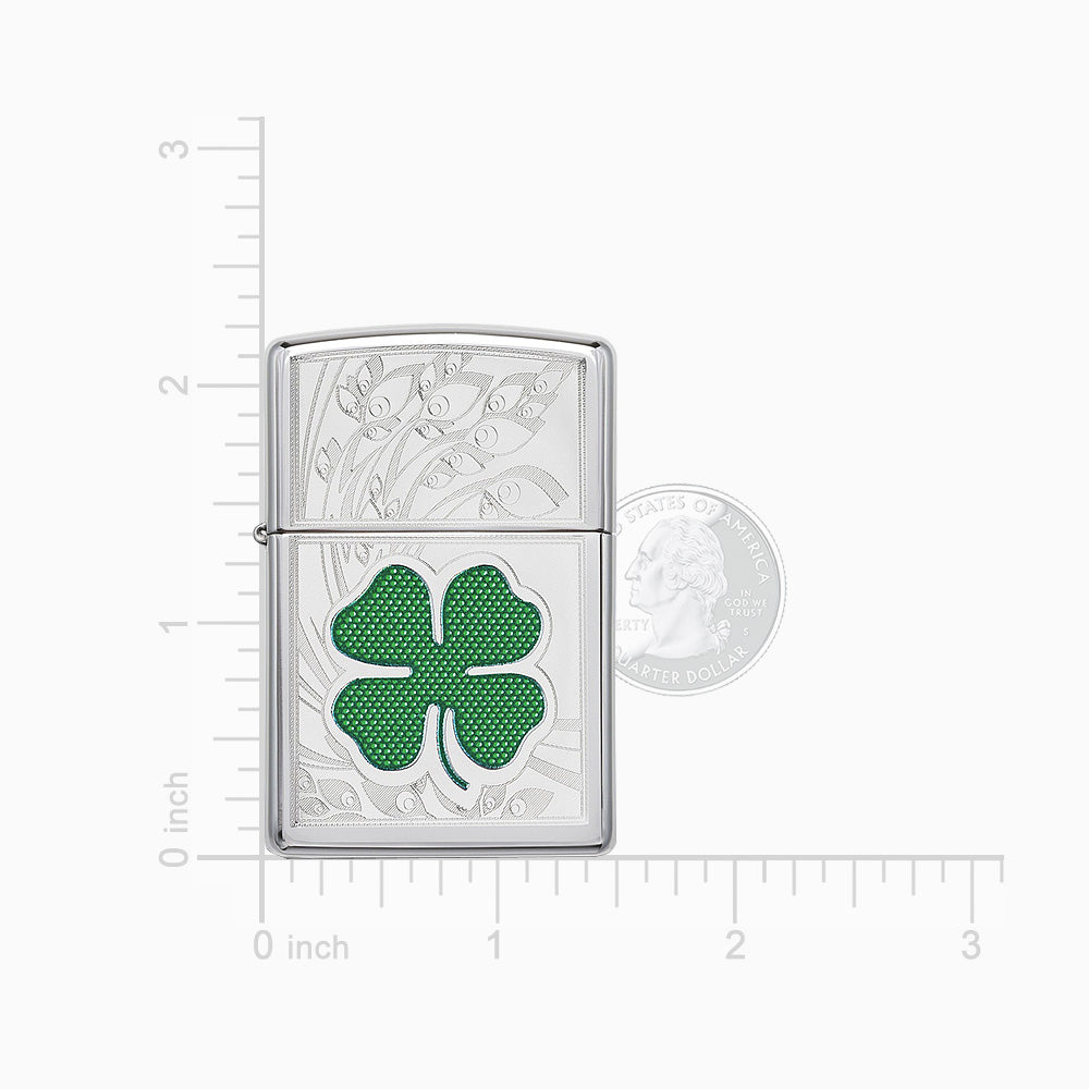 Engravable Green Four-Leaf Clover High Polish Chrome Zippo