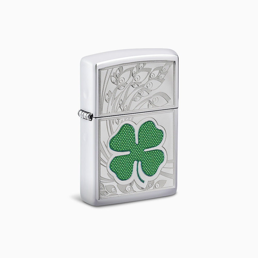 Engravable Green Four Leaf Clover High Polish Chrome Zippo Lighter - L250122 