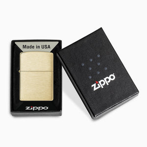 L260220 - Engravable Brushed Brass Solid Brass Classic Zippo Lighter packaged in a black gift box with Zippo logo.