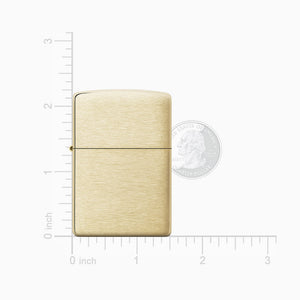 L260220 - Engravable Brushed Brass Solid Brass Classic Zippo Lighter with measurement scale and coin for size reference on a white background.