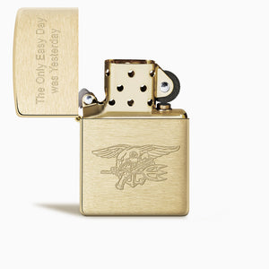 L260220 - Engravable Brushed Brass Solid Brass Classic Zippo Lighter Custom Engraved with Text and Navy SEALS Emblem Artwork - Front View with Open Lid