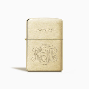 L260220 - Engravable Brushed Brass Solid Brass Classic Zippo Lighter Custom Engraved with a Date and Interlocking Script Monogram Initials - Front View with Closed Lid
