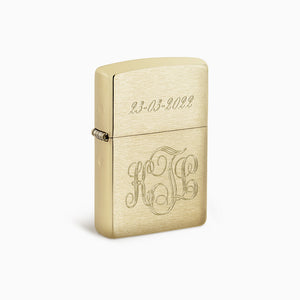 L260220 - Engravable Brushed Brass Solid Brass Classic Zippo Lighter Custom Engraved with a Date and Interlocking Script Monogram Initials.