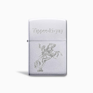 L260312 - Engravable Satin Chrome Classic Zippo Lighter Custom Engraved with 'Yippee-ki-yay' and Roy Rogers on his horse Trigger - Lid Closed