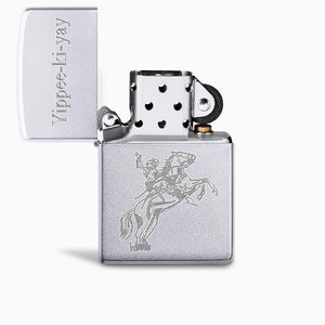 L260312 - Engravable Satin Chrome Classic Zippo Lighter Custom Engraved with 'Yippee-ki-yay' and Roy Rogers on his horse Trigger - Lid Opened.