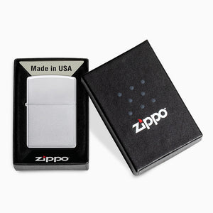 L260312 - Engravable Satin Chrome Classic Zippo Lighter in official gift packaging with Zippo logo visible.