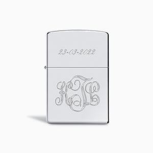 L260321 - Engravable High Polish Chrome Zippo Armor Lighter with lid closed, personalized with a custom engraved Interlocking Script Monogram and a Date in Script Font.