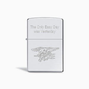 L260321 - Engravable High Polish Chrome Zippo Armor Lighter with lid closed, custom engraved with the Navy SEALS insignia and motto.