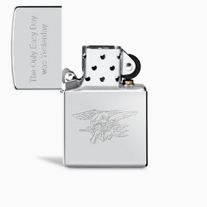 L260321 - Engravable High Polish Chrome Zippo Armor Lighter with lid opened, custom engraved with the Navy SEALS insignia and motto.