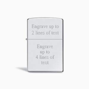 L260321 - Engravable High Polish Chrome Zippo Armor Lighter Illustrating Text Engraving Line Options.