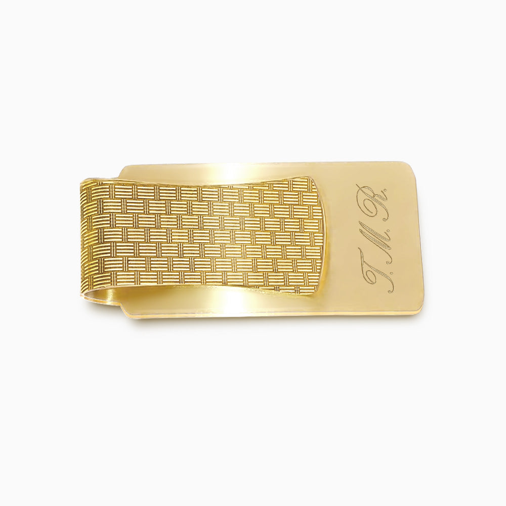 Engravable Textured Basketweave 14k Yellow Gold Money Clip - MCYG250111