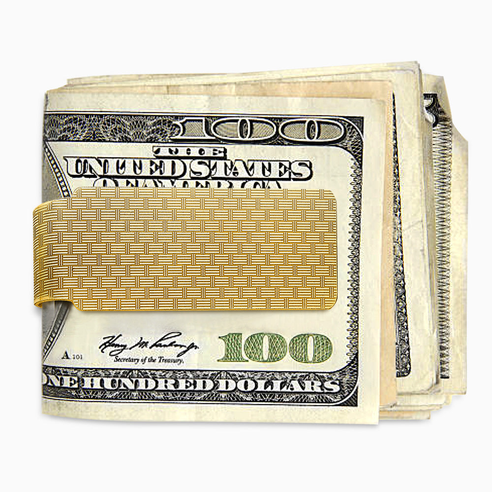 Engravable Textured Basketweave 14k Yellow Gold Money Clip - Sandy