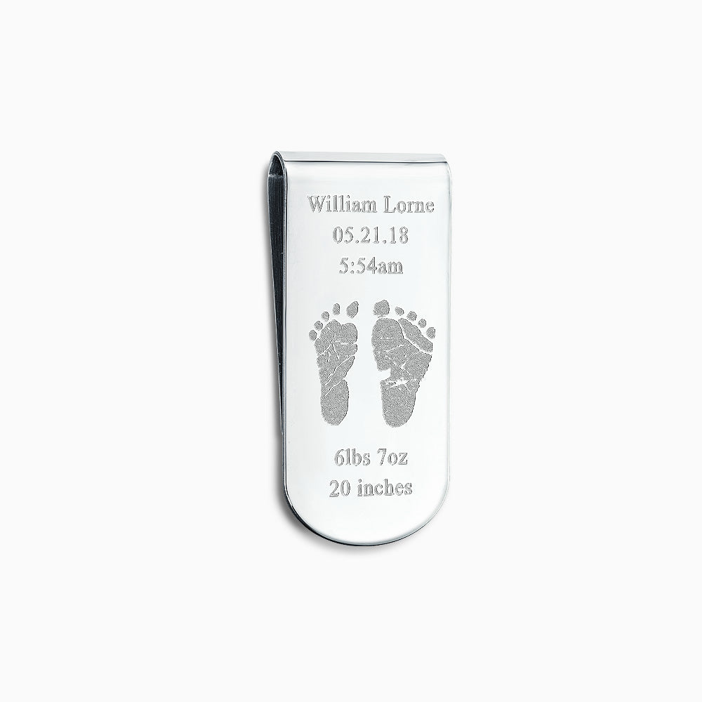Custom Engraved Curved-Edge Sterling Silver Baby Footprint Money Clip - Style MSL250511 - A sterling silver keepsake money clip featuring personalized baby footprint engraving with birth details, shown on a plain white background.