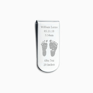 Custom Engraved Curved-Edge Sterling Silver Baby Footprint Money Clip - Style MSL250511 - A sterling silver keepsake money clip featuring personalized baby footprint engraving with birth details, shown on a plain white background.