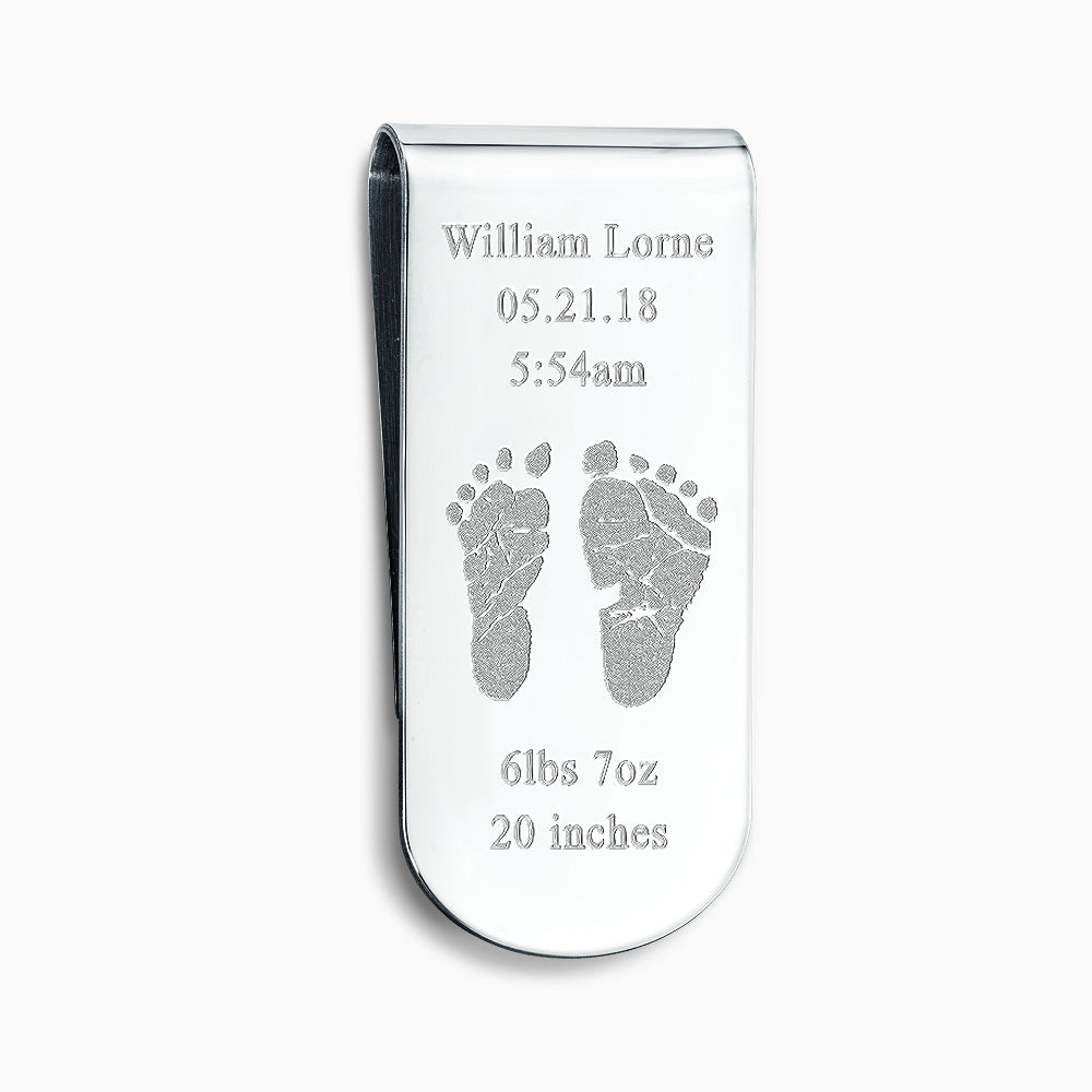 Custom Engraved Curved-Edge Sterling Silver Baby Footprint Money Clip - Style MSL250511 - A sterling silver keepsake money clip featuring personalized baby footprint engraving with birth details, shown on a plain white background.