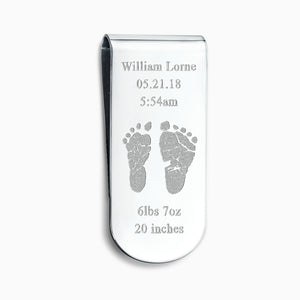 Custom Engraved Curved-Edge Sterling Silver Baby Footprint Money Clip - Style MSL250511 - A sterling silver keepsake money clip featuring personalized baby footprint engraving with birth details, shown on a plain background.