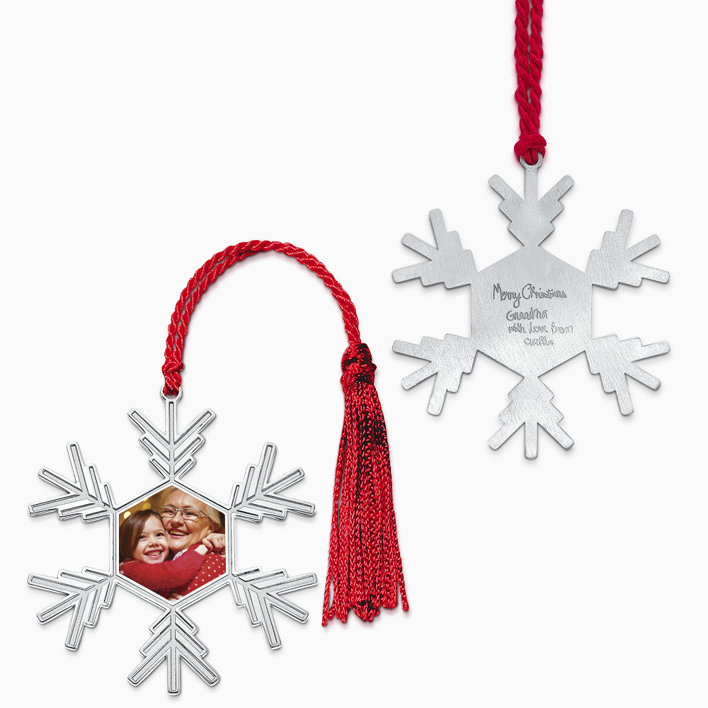 Engravable Sterling Silver Christmas Snowflake Photo Ornament with Red Tassel - OSL240831