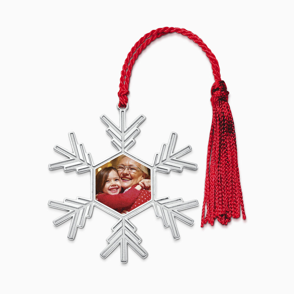 Engravable Sterling Silver Christmas Snowflake Photo Ornament with Red Tassel - OSL240831